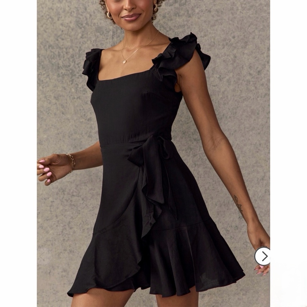 TRIXXI Francesca’s Faye Tie Waist Wrap Ruffle Hem Mini Dress Black XL